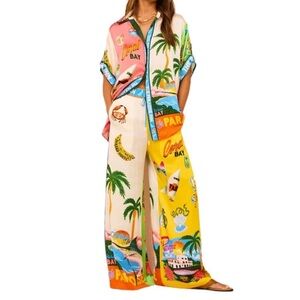 Womens Floral Fruit Print Short Sleeve & Shirt Wide Leg Pants Beach Outfit sz XL